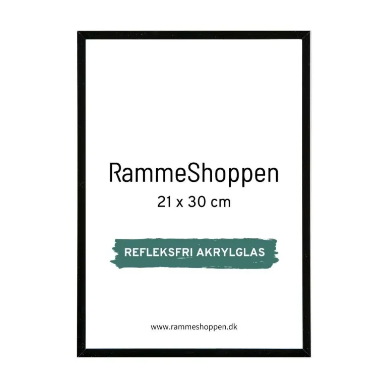 Sort aluramme, refleksfri, blank, smal, 21 x 30 cm, A4, Type 9017