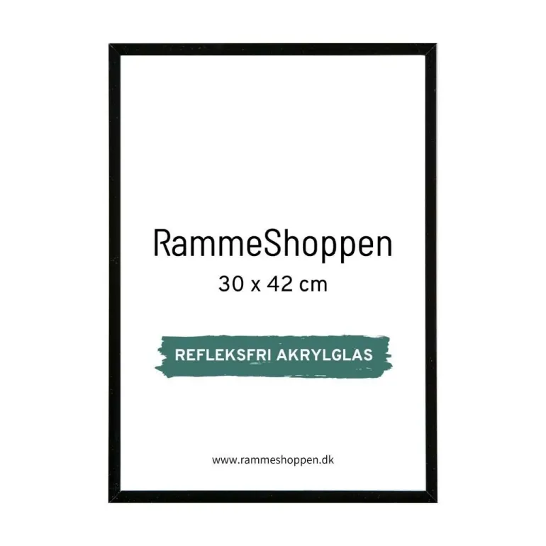 Sort aluramme, refleksfri, blank, smal, 30 x 42 cm, A3, Type 9017